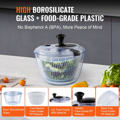 Glass Salad Spinner, 4.5L, One-Handed Press Vegetable Dryer with Borosilicate Bowl