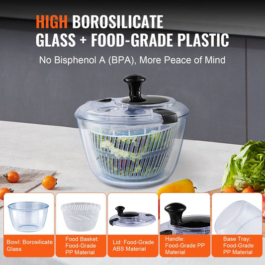 Glass Salad Spinner, 4.5L, One-Handed Press Vegetable Dryer with Borosilicate Bowl