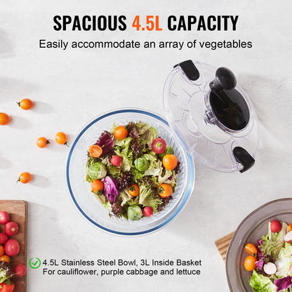 VEVOR Glass Salad Spinner, 4.5L, One-handed Easy Press Large Vegetable Dryer Washer,