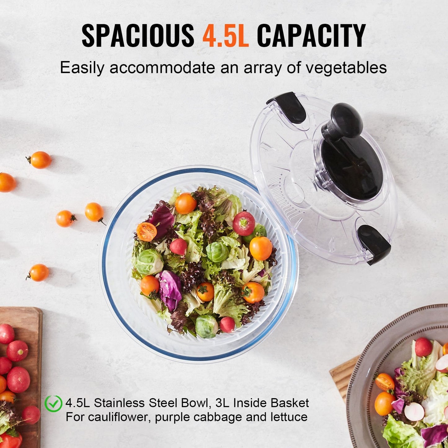 Glass Salad Spinner, 4.5L, One-Handed Press Vegetable Dryer with Borosilicate Bowl