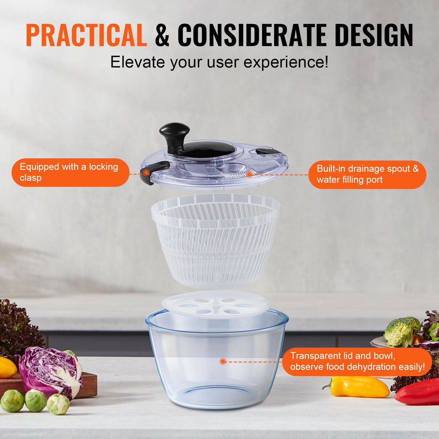 Glass Salad Spinner, 4.5L, One-Handed Press Vegetable Dryer with Borosilicate Bowl