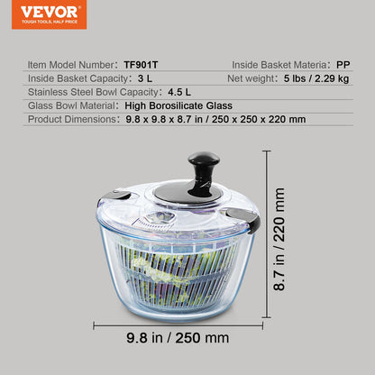 VEVOR Glass Salad Spinner, 4.5L, One-handed Easy Press Large Vegetable Dryer Washer,