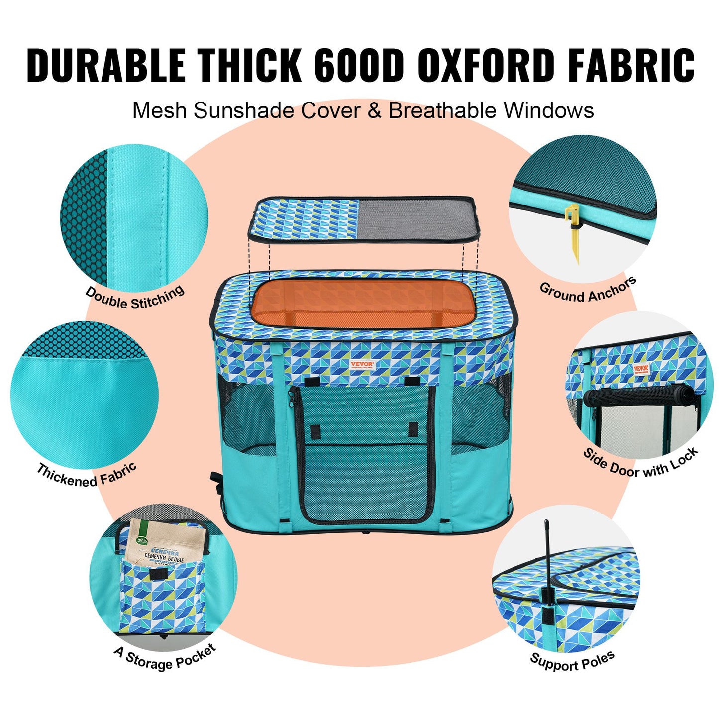 VEVOR Foldable Pet Playpen, 32'' x 24'' x 22'' Portable Dog Playpen, Crate Kennel
