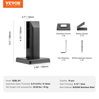 VEVOR Glass Clamp, 10 PCS Square Glass Railing Bracket for 0.31 "-0.47 " Tempered