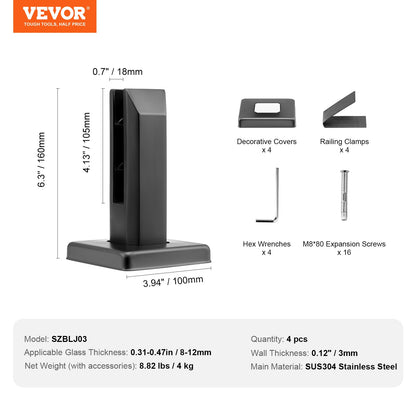 VEVOR Glass Clamp, 4 PCS Square Glass Railing Bracket for 0.31 "-0.47 " Tempered