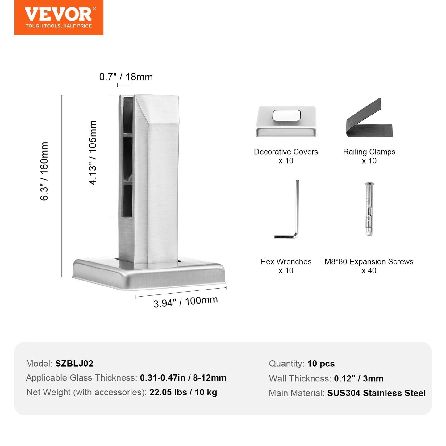VEVOR Glass Clamp, 10 PCS Square Glass Railing Bracket for 0.31 "-0.47 " Tempered