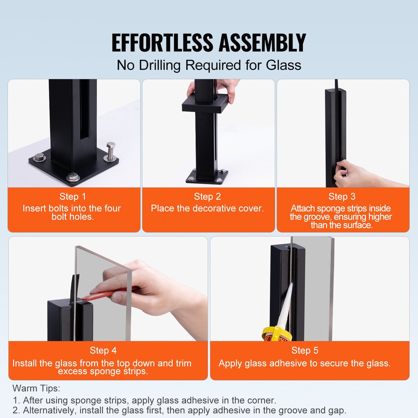 VEVOR Glass Clamp, 41.34" Height Glass Railing Bracket for 0.39 "-0.47 " Thickness