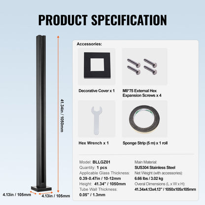 Stainless Steel Glass Railing Bracket, 1050mm Height for 10-12mm Glass