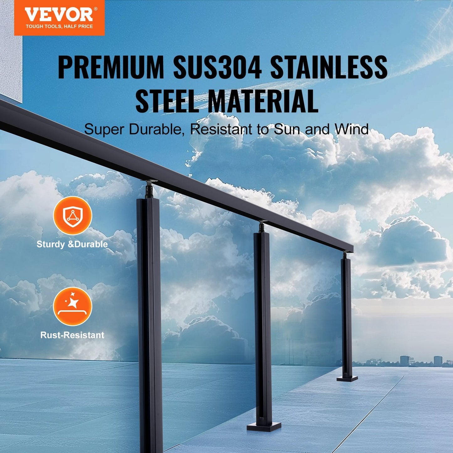 Stainless Steel Glass Railing Bracket, 910mm Height for 10-12mm Thickness Glass
