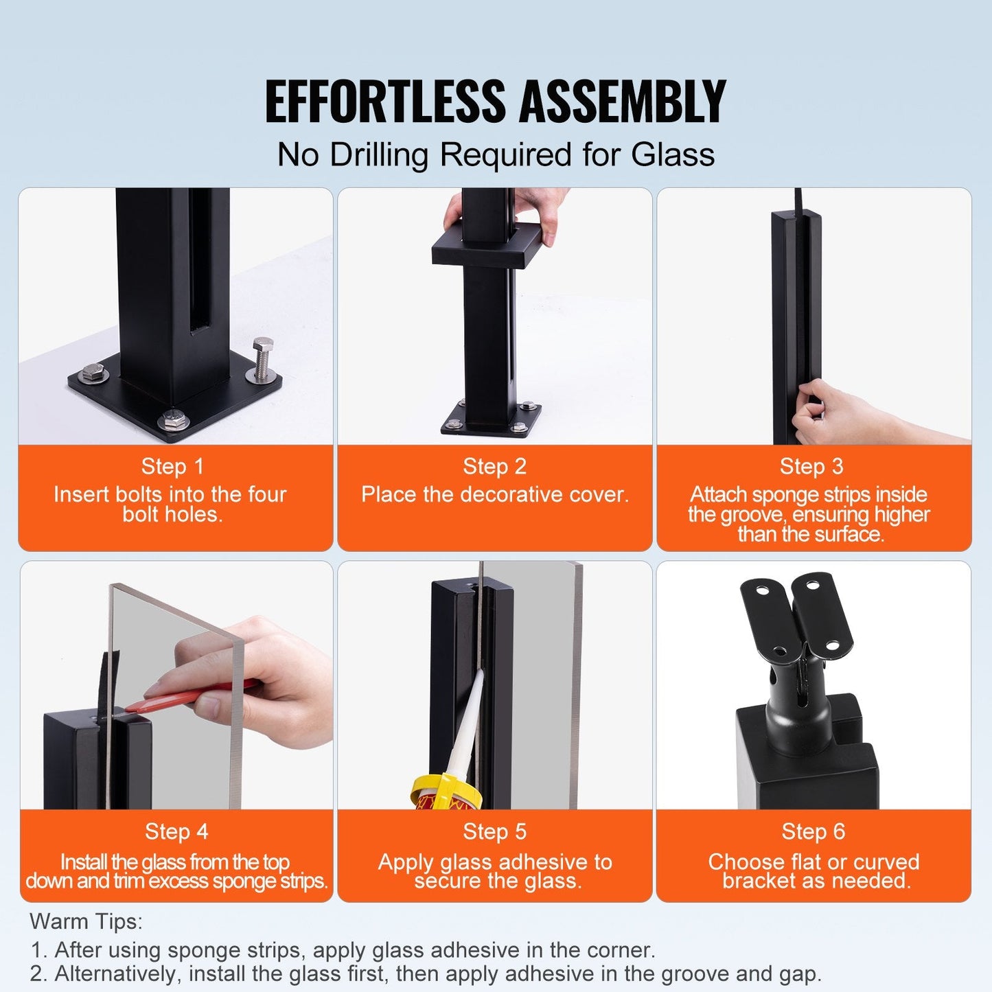 Stainless Steel Glass Railing Bracket, 910mm Height for 10-12mm Thickness Glass