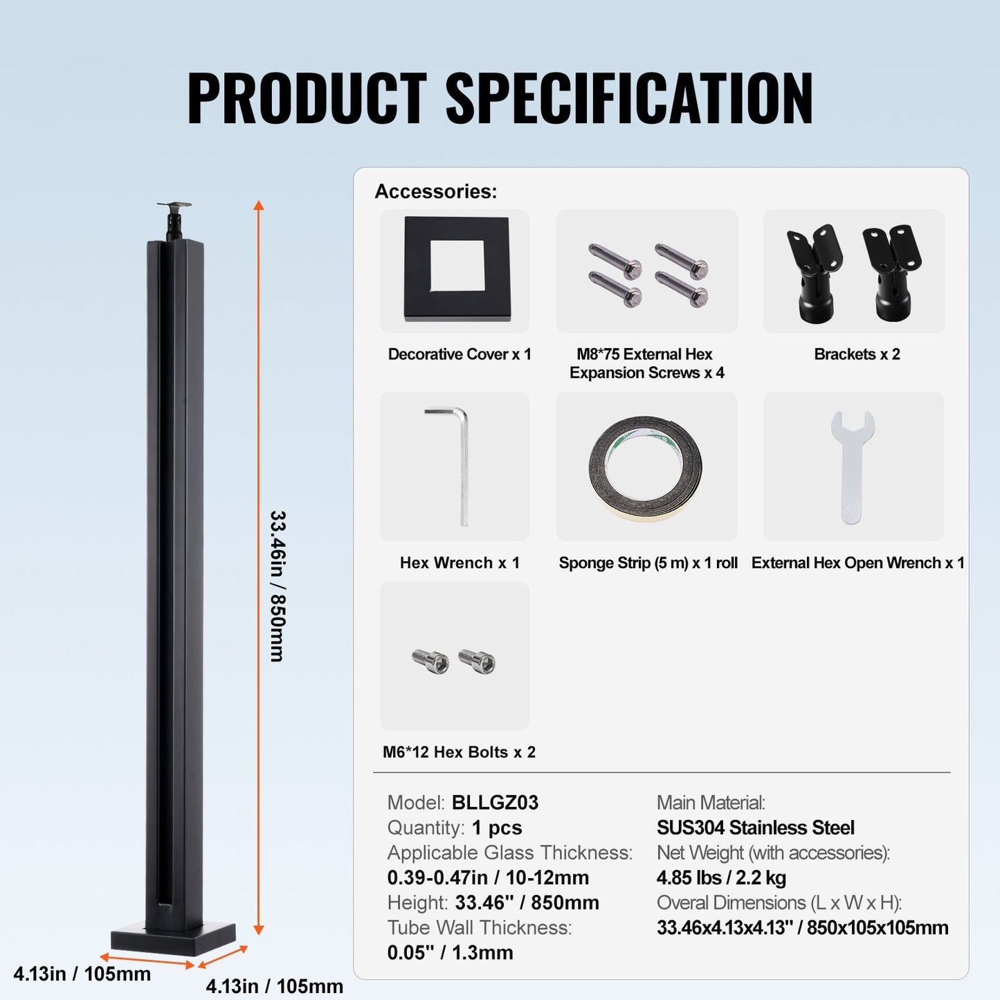 Stainless Steel Glass Railing Bracket, 910mm Height for 10-12mm Thickness Glass