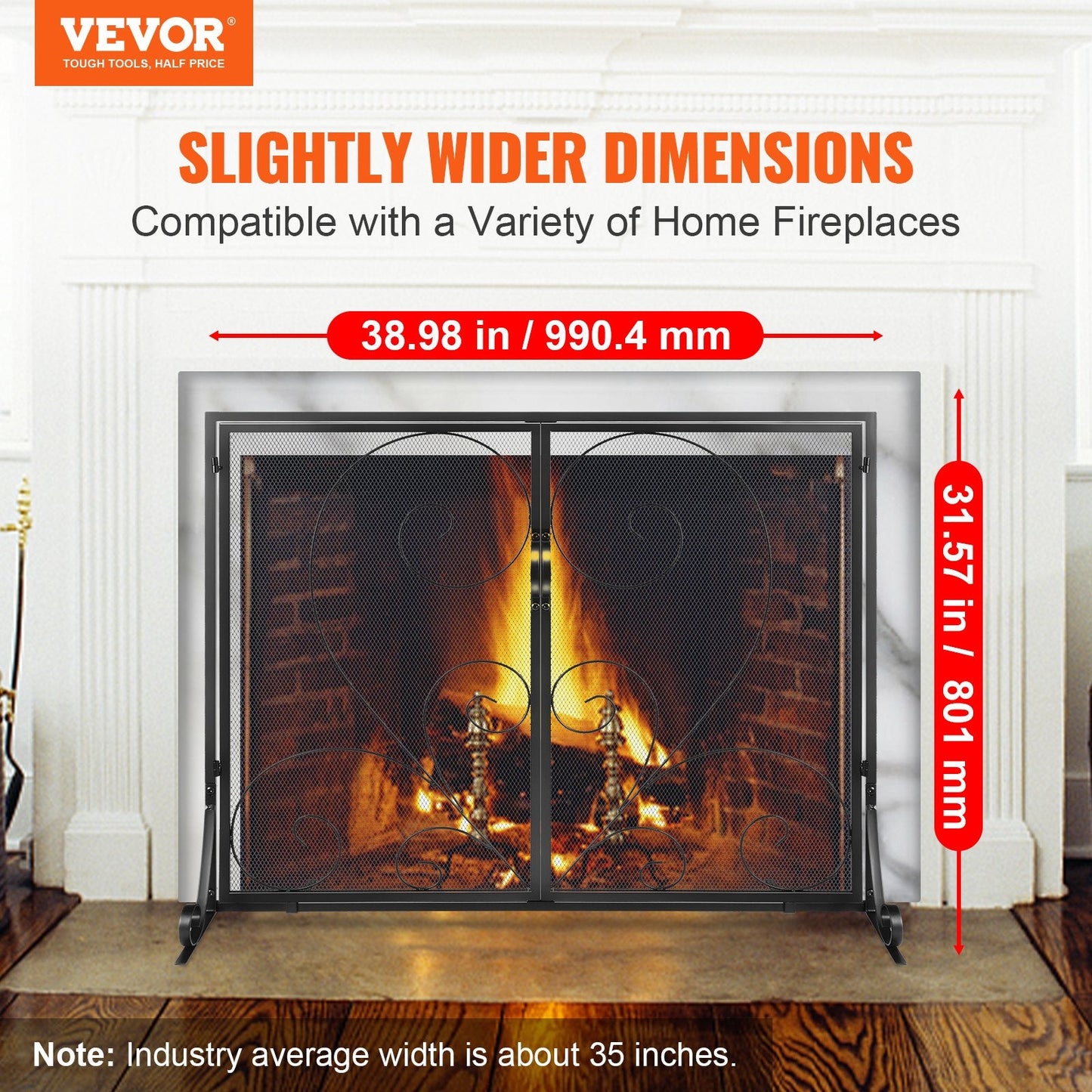 Vintage Black Iron Fireplace Screen, 2-Panel Mesh Guard, 0.99x0.80m