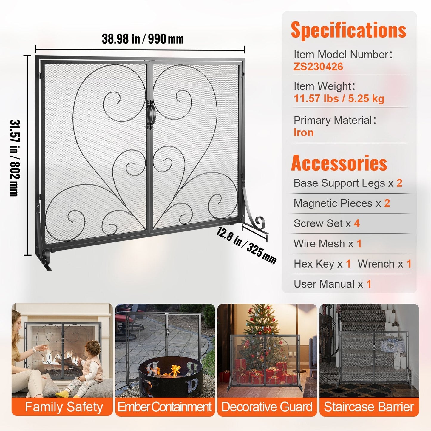 Vintage Black Iron Fireplace Screen, 2-Panel Mesh Guard, 0.99x0.80m