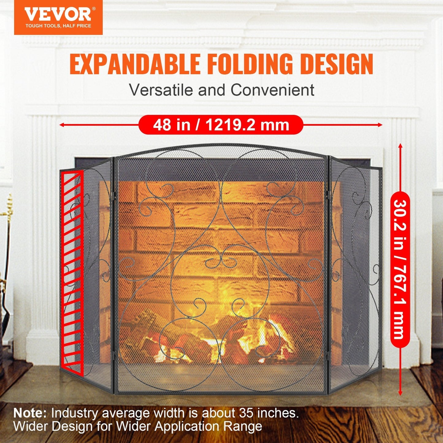 3-Panel Iron Mesh Fireplace Screen, 1.22x0.77m, Free-Standing & Foldable Design