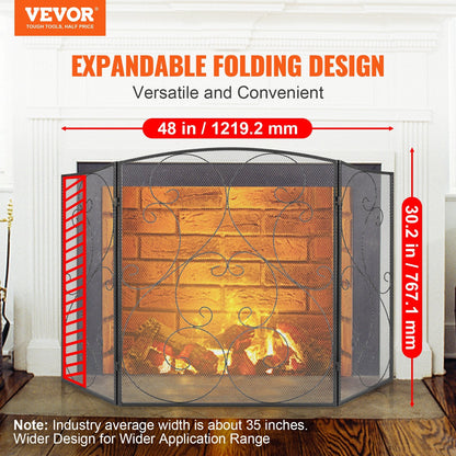 3-Panel Iron Mesh Fireplace Screen, 1.22x0.77m, Free-Standing & Foldable Design
