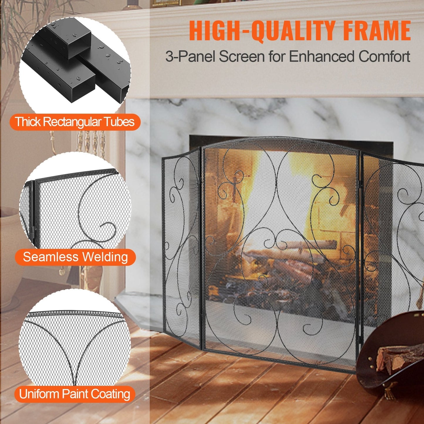 3-Panel Iron Mesh Fireplace Screen, 1.22x0.77m, Free-Standing & Foldable Design