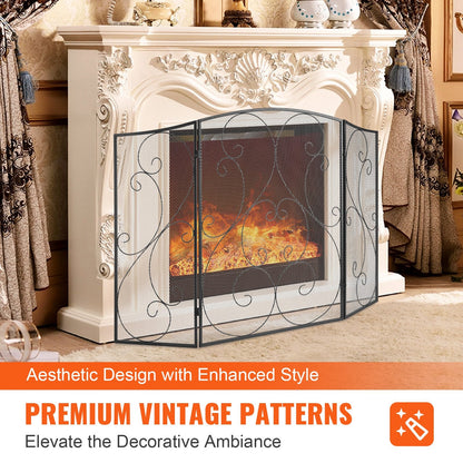3-Panel Iron Mesh Fireplace Screen, 1.22x0.77m, Free-Standing & Foldable Design