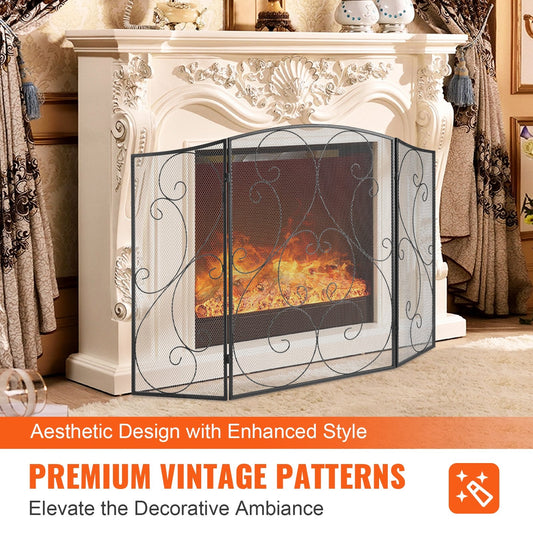 3-Panel Iron Mesh Fireplace Screen, 1.22x0.77m, Free-Standing & Foldable Design