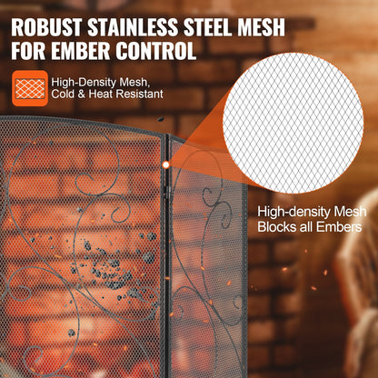 3-Panel Iron Mesh Fireplace Screen, 1.22x0.77m, Free-Standing & Foldable Design