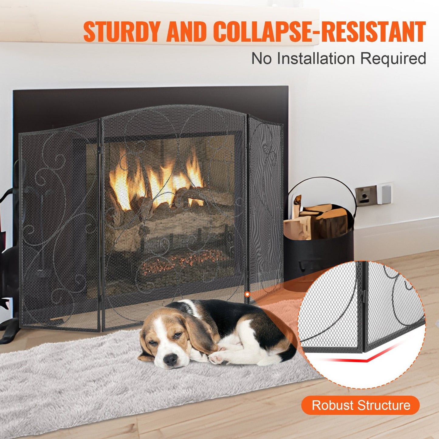 3-Panel Iron Mesh Fireplace Screen, 1.22x0.77m, Free-Standing & Foldable Design