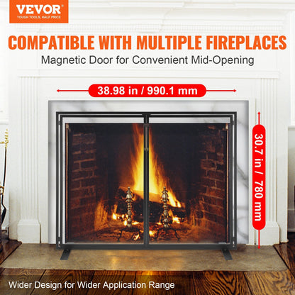 Iron Mesh Fireplace Screen with Door, 0.99m x 0.78m Spark Guard for Home Decor