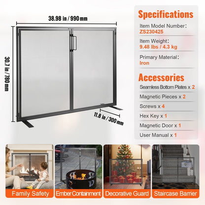 Iron Mesh Fireplace Screen with Door, 0.99m x 0.78m Spark Guard for Home Decor