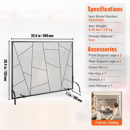 Iron Mesh Fireplace Screen, 0.9 x 0.7 m, Freestanding Fire Guard for Home Decor