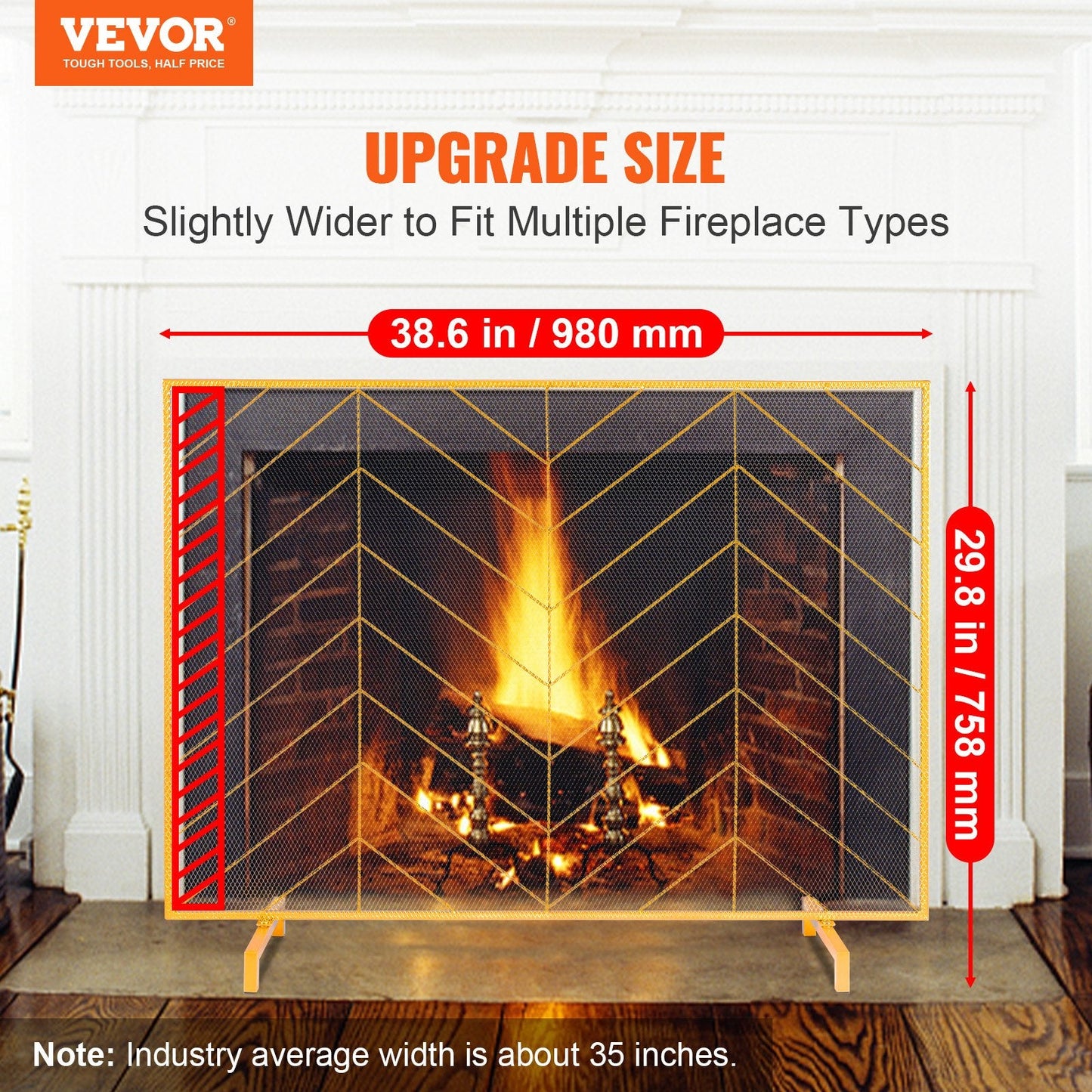 Gold Iron Mesh Fireplace Screen, 0.98x0.76m, Modern Spark Guard, 2.55 kg