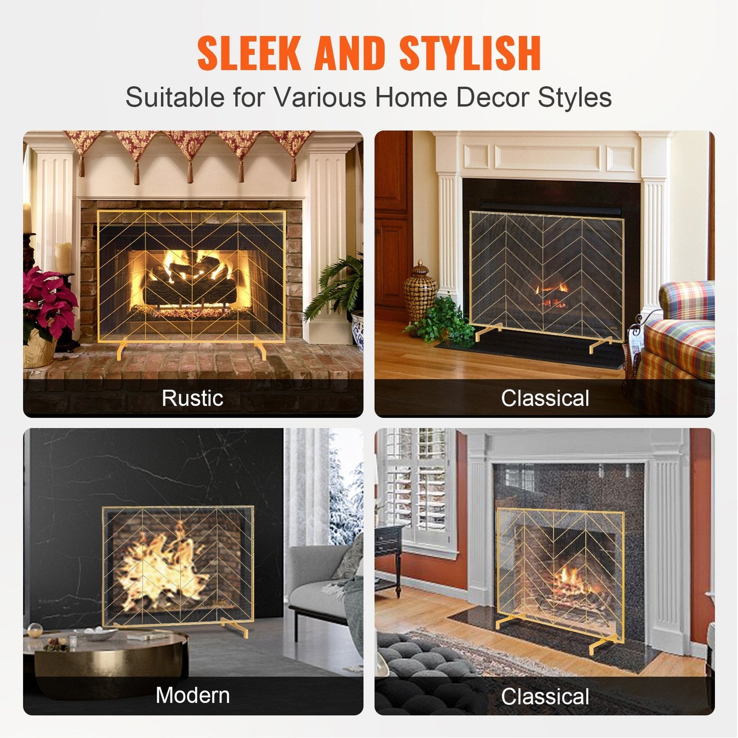Gold Iron Mesh Fireplace Screen, 0.98x0.76m, Modern Spark Guard, 2.55 kg