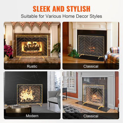 Gold Iron Mesh Fireplace Screen, 0.98x0.76m, Modern Spark Guard, 2.55 kg
