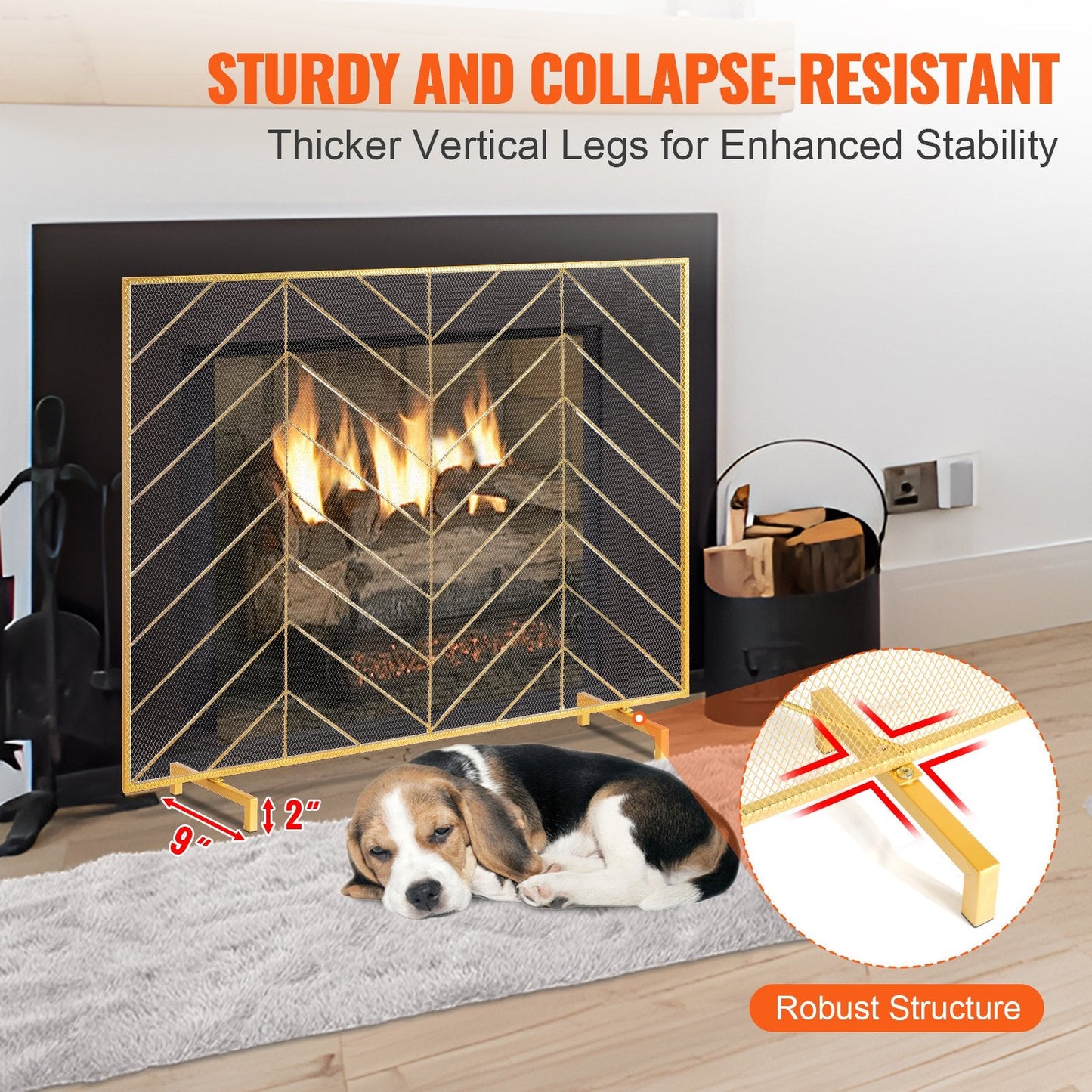 Gold Iron Mesh Fireplace Screen, 0.98x0.76m, Modern Spark Guard, 2.55 kg
