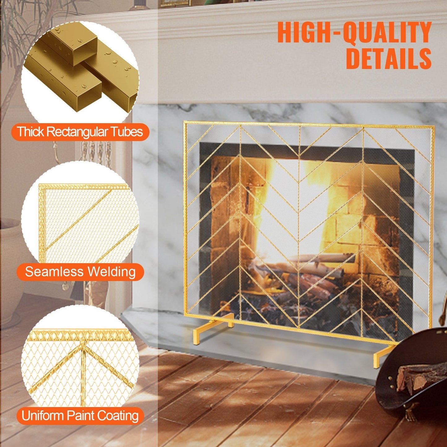 Gold Iron Mesh Fireplace Screen, 0.98x0.76m, Modern Spark Guard, 2.55 kg