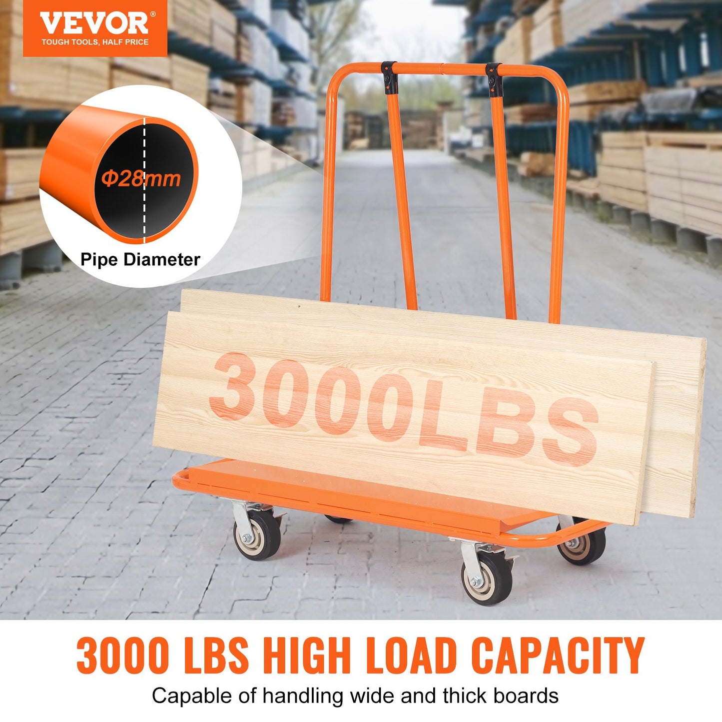 VEVOR Drywall Cart, 3000 LBS Panel Dolly Cart with 45.28" x 21.8" Deck and 5" Swivel