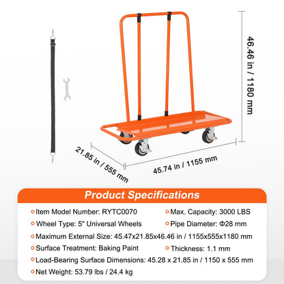 VEVOR Drywall Cart, 3000 LBS Panel Dolly Cart with 45.28" x 21.8" Deck and 5" Swivel