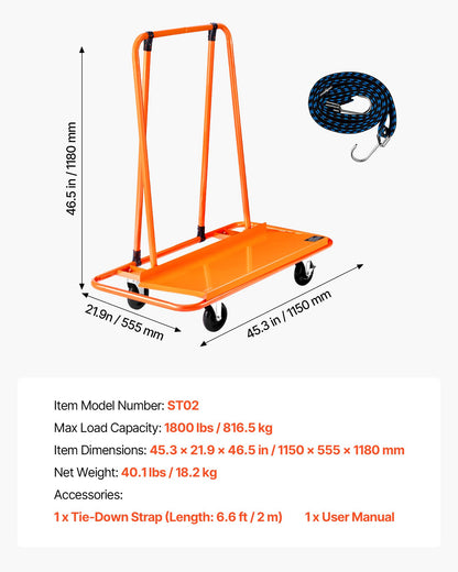 Drywall Cart Dolly, 816 kg Load Capacity, Steel Panel Dolly with 4 Swivel Casters, Durable & Long-lasting, Panel Truck Cart with Tie-Down Strap for Plywood, Plasterboard, Glass, Orange