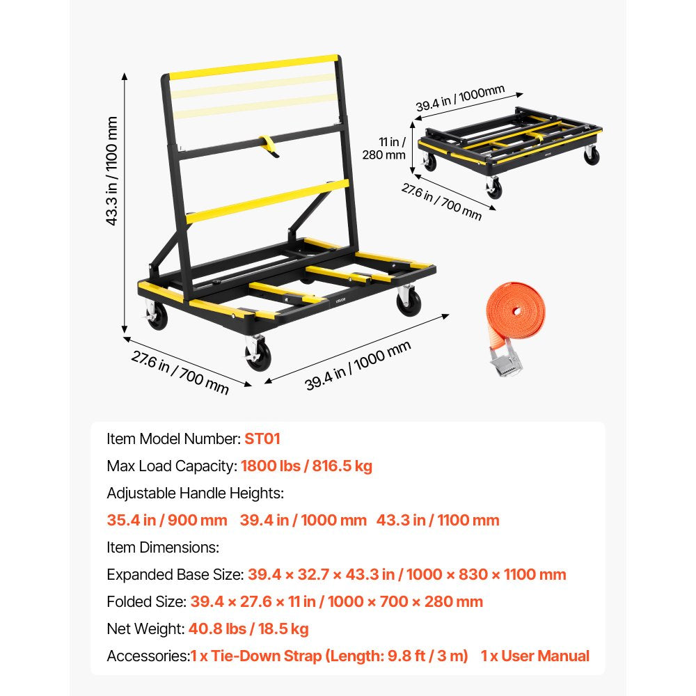 Drywall Cart Dolly 816 kg Load Steel Panel Dolly Handling Plywood
