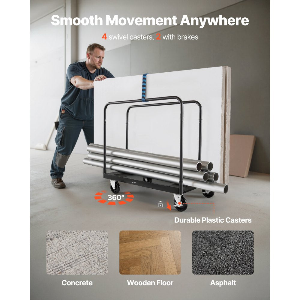 Drywall Cart Dolly 816 kg Steel Panel Truck Cart with 3 Side Handrails