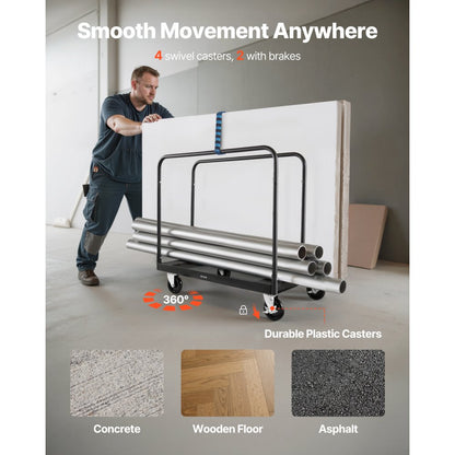 Drywall Cart Dolly 816 kg Steel Panel Truck Cart with 3 Side Handrails