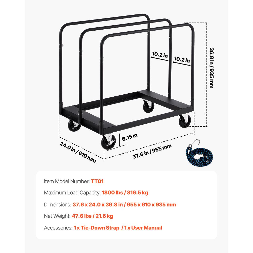 Drywall Cart Dolly 816 kg Steel Panel Truck Cart with 3 Side Handrails