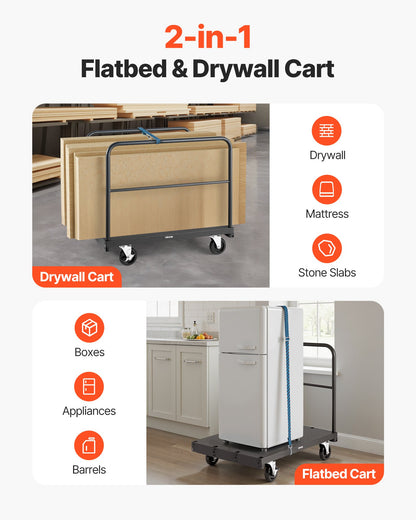 Drywall Cart Dolly, 816 kg Load Capacity, 2-in-1 Steel Panel Truck Cart with 12.5 mm Swivel Casters, 91.4 x 61 cm Platform Truck with 3 Side Handrails for Factory, Warehouse, Garage, Black