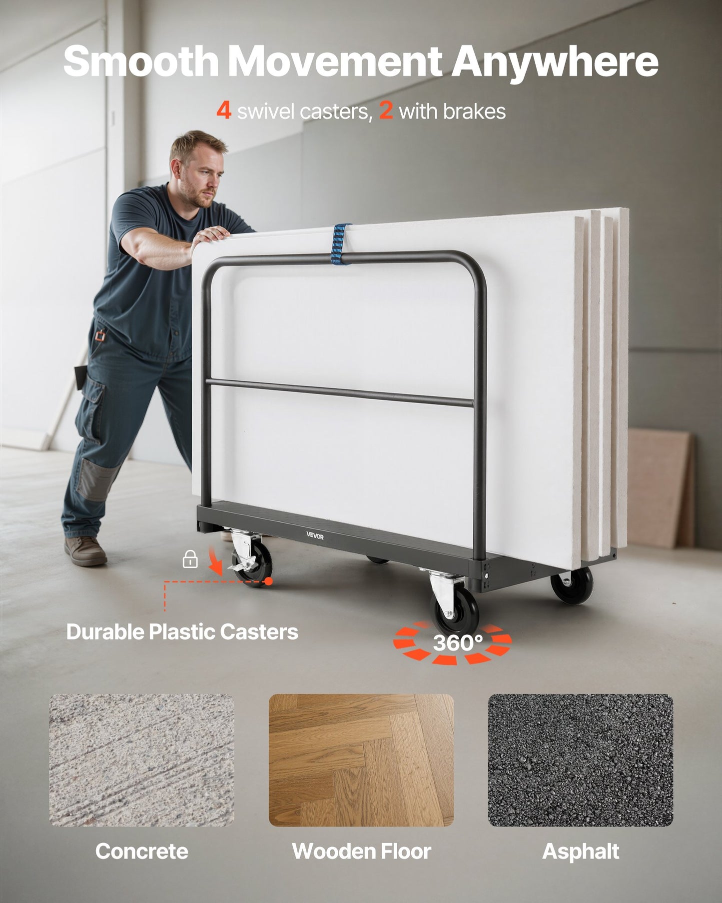 Drywall Cart Dolly, 816 kg Load Capacity, 2-in-1 Steel Panel Truck Cart with 12.5 mm Swivel Casters, 91.4 x 61 cm Platform Truck with 3 Side Handrails for Factory, Warehouse, Garage, Black