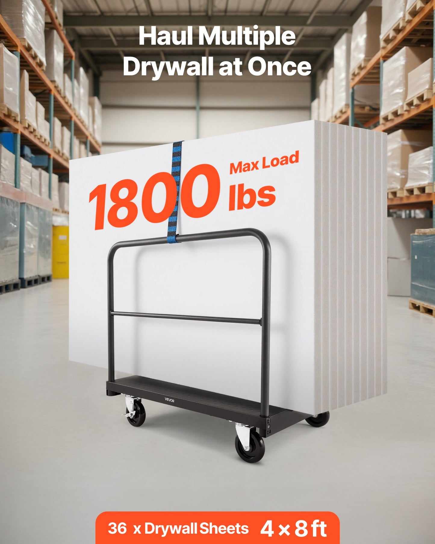 Drywall Cart Dolly, 816 kg Load Capacity, 2-in-1 Steel Panel Truck Cart with 12.5 mm Swivel Casters, 91.4 x 61 cm Platform Truck with 4 Side Handrails for Factory, Warehouse, Garage, Black