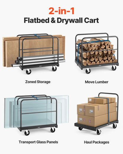 Drywall Cart Dolly, 816 kg Load Capacity, 2-in-1 Steel Panel Truck Cart with 12.5 mm Swivel Casters, 91.4 x 61 cm Platform Truck with 4 Side Handrails for Factory, Warehouse, Garage, Black