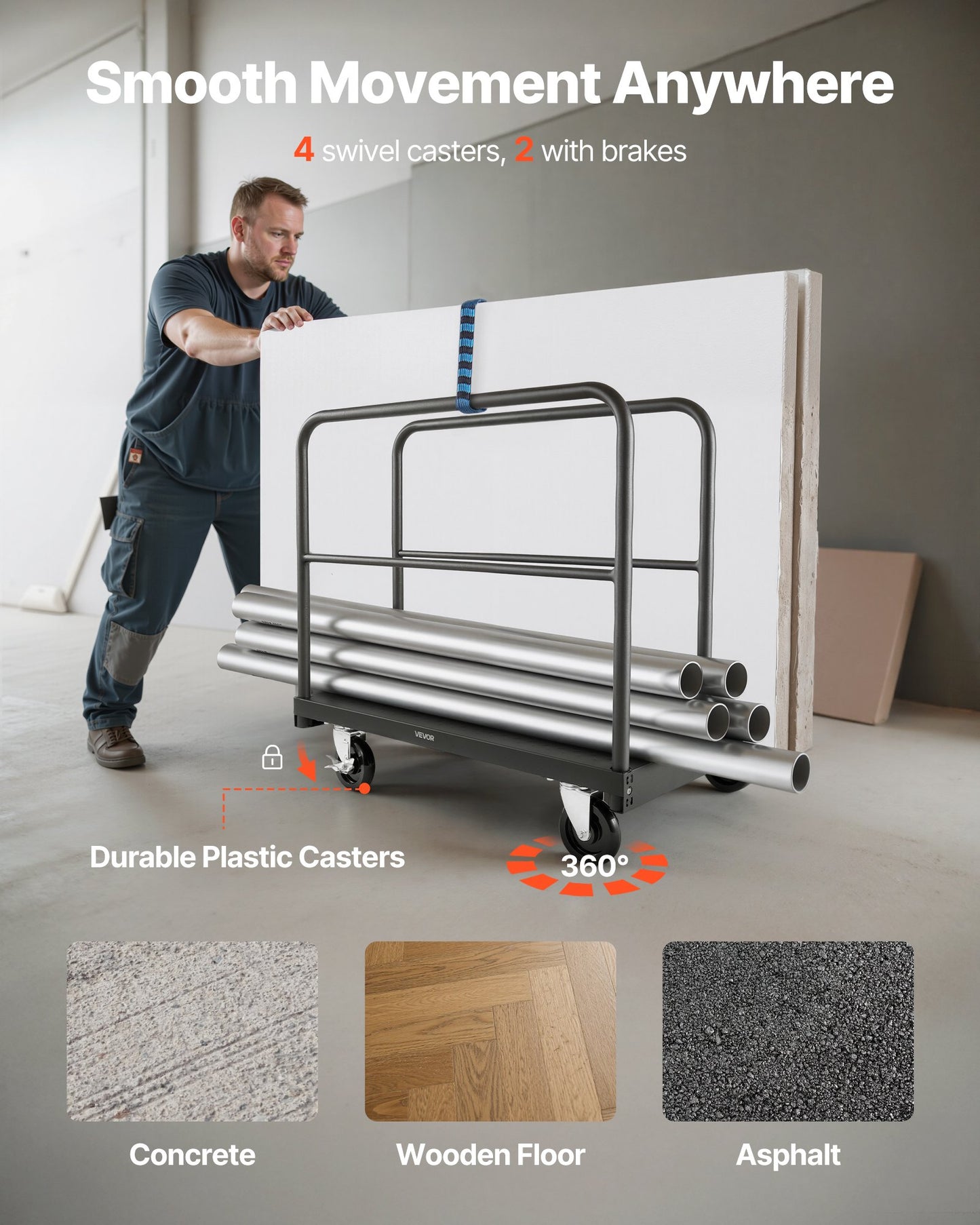 Drywall Cart Dolly, 816 kg Load Capacity, 2-in-1 Steel Panel Truck Cart with 12.5 mm Swivel Casters, 91.4 x 61 cm Platform Truck with 4 Side Handrails for Factory, Warehouse, Garage, Black