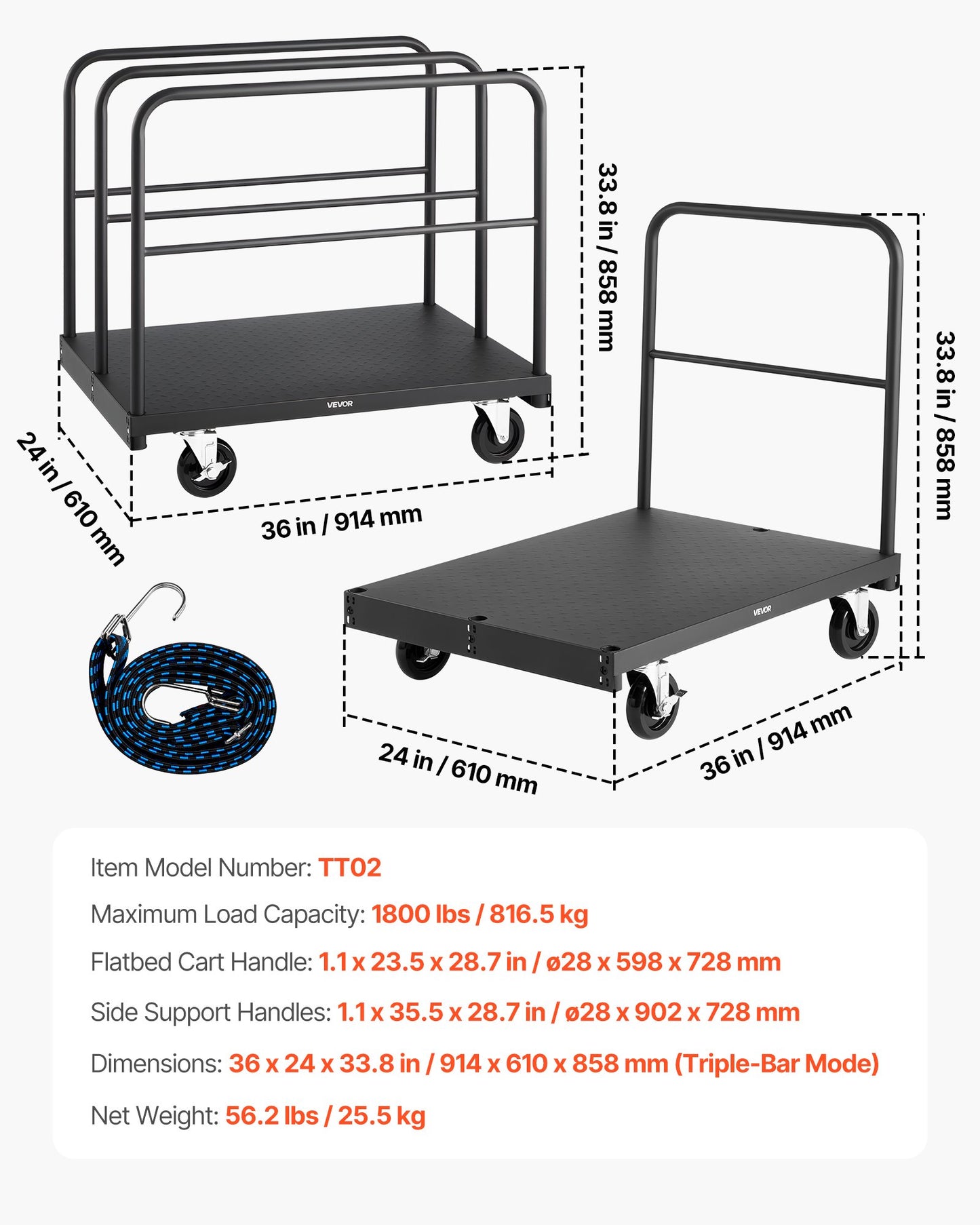 Drywall Cart Dolly, 816 kg Load Capacity, 2-in-1 Steel Panel Truck Cart with 12.5 mm Swivel Casters, 91.4 x 61 cm Platform Truck with 4 Side Handrails for Factory, Warehouse, Garage, Black