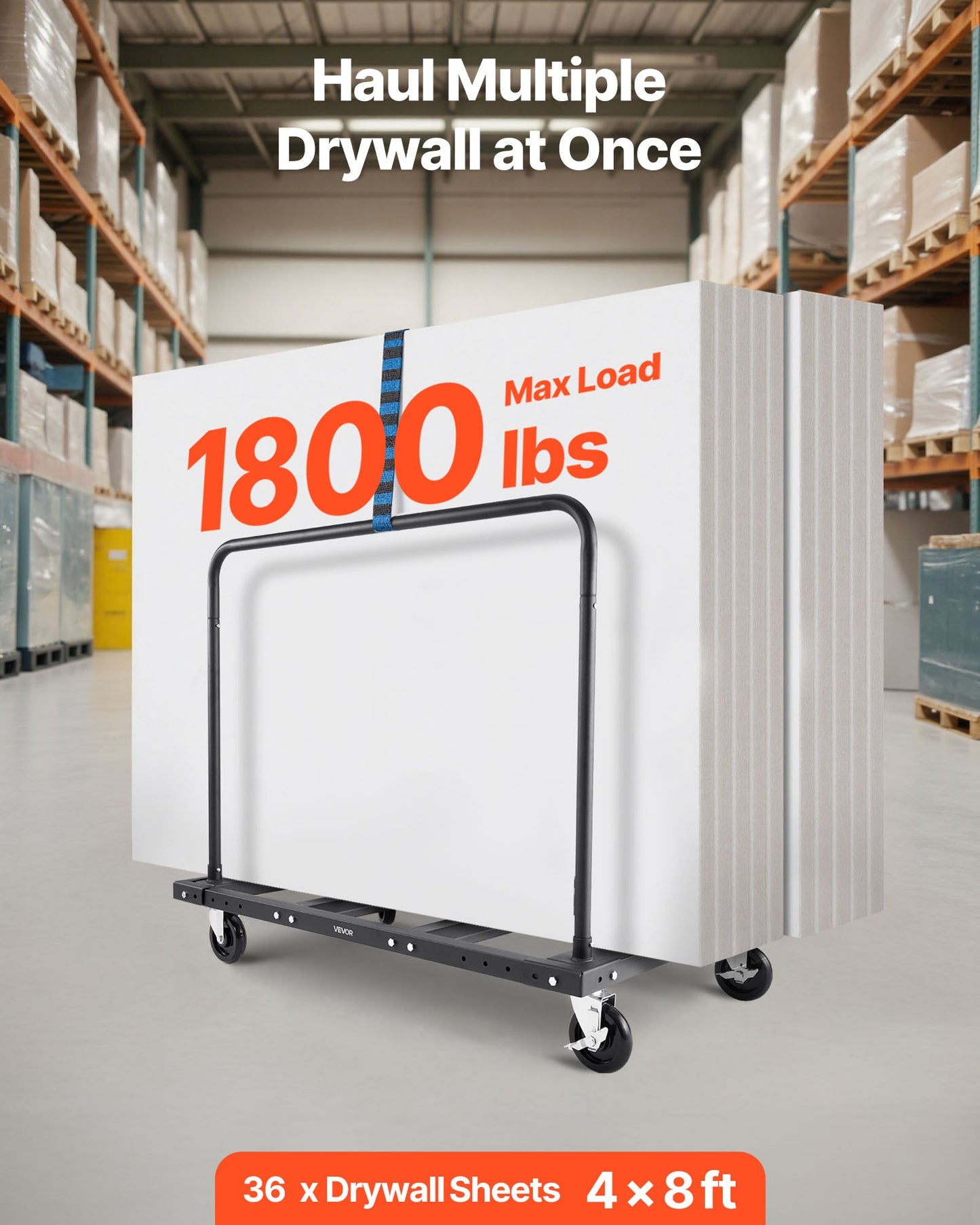 Drywall Cart Dolly, 816 kg Load Capacity, Steel Panel Truck Cart with 12.5 mm Swivel Casters, Lumber Drywall Dolly with Tie-Down Strap & 2 Side Handrails for Factory, Warehouse, Garage, Black