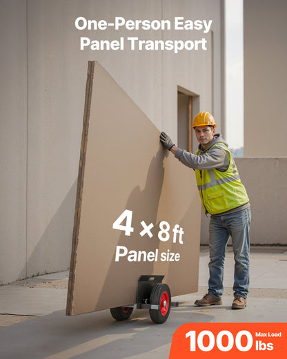Panel Dolly, 453.6 kg Load Capacity, Drywall Mover with 25 cm Rubber Wheels Fits Different Terrain, Adjustable Clamp Panel Cart for Steel Panels, Mattress, Doors and Drywall Sheet, Black