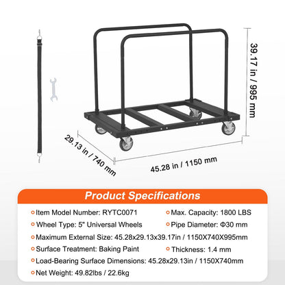 Heavy-Duty Drywall Cart with 816 kg Capacity and 1.15 x 0.74 m Deck