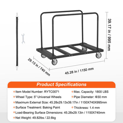 VEVOR Drywall Cart, 1800 LBS Panel Dolly Cart with 45.28" x 29.13" Deck and 5" Swivel