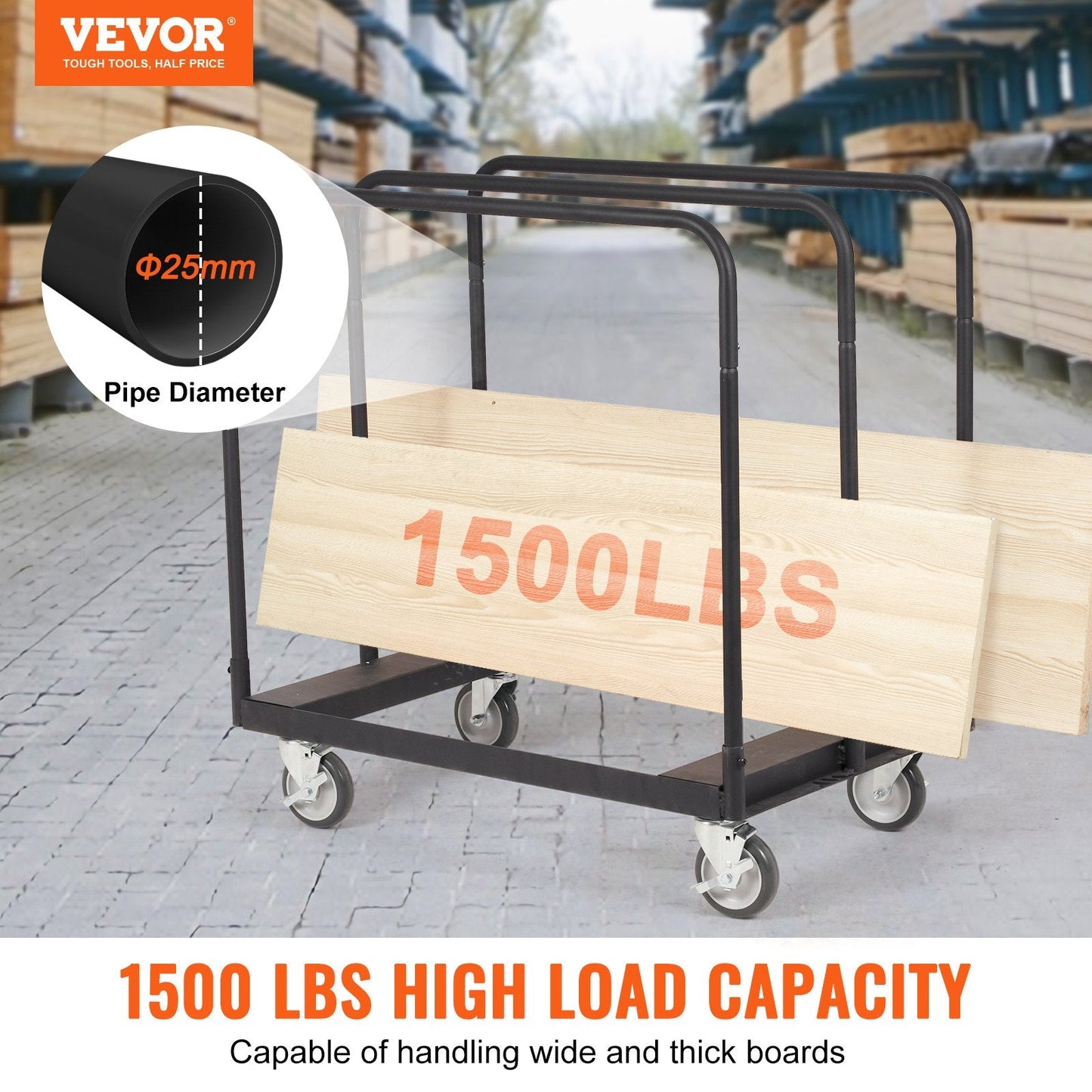 Heavy-Duty Drywall Cart with 5" Wheels, 680 kg Capacity, 0.9 x 0.6 m Deck